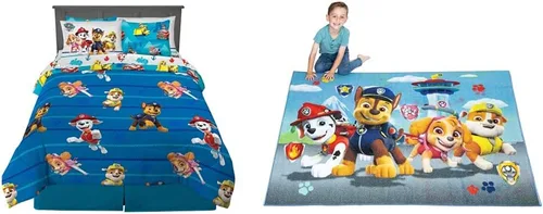 Franco Juego de edredón y sábanas súper suaves con funda, 7 piezas, tamaño matrimonial, Paw Patrol para habitación de los niños, alfombra