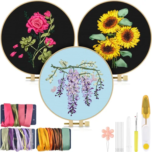 Miniatura 16 de TINDTOP Kit de bordado para adulto, paquete de 3 piezas de bordado para bricolaje, con patrones estampados, aro, herramientas, hilos coloridos