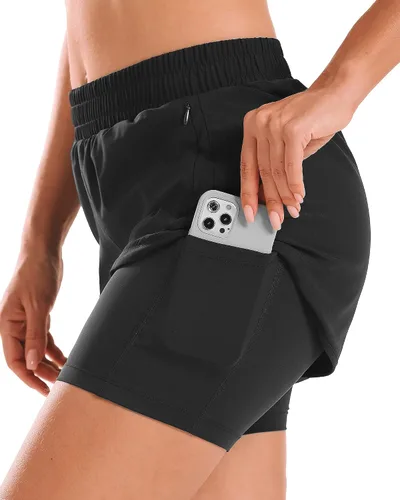 Miniatura 2 de Stelle Pantalones cortos de correr 2 en 1 para mujer, pantalones cortos deportivos de cintura alta, pantalones cortos de entrenamiento con forro