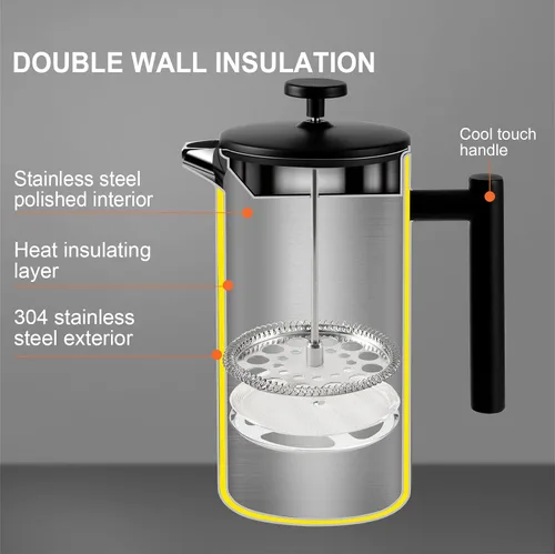 Miniatura 5 de Secura Cafetera de prensa francesa con filtro de acero inoxidable de 3 capas, 34 onzas, negro, diseño aislado de doble pared con 2 filtros