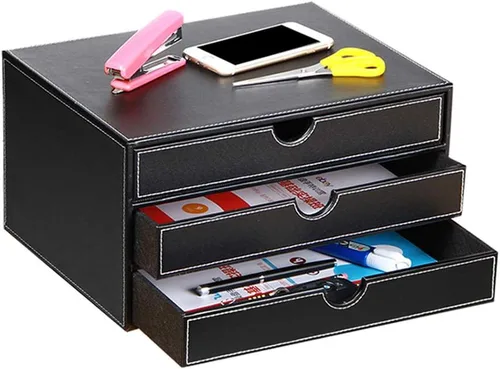 Ayunga Organizador de escritorio de cuero con 3 cajones, suministros de oficina ejecutiva, archivador A4, caja de almacenamiento apilable para