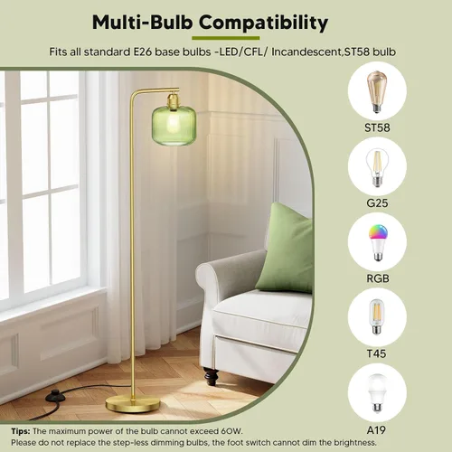 Miniatura 4 de Lámpara de pie de cristal para sala de estar, moderna lámpara de pie con pantalla de vidrio acanalado verde e interruptor de pedal, lámpara de pie