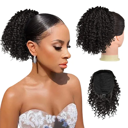 PEACOCO Cola de caballo afro rizada con cordón para mujeres negras, extensiones de cola de caballo afro de 6 pulgadas, cabello sintético (marrón