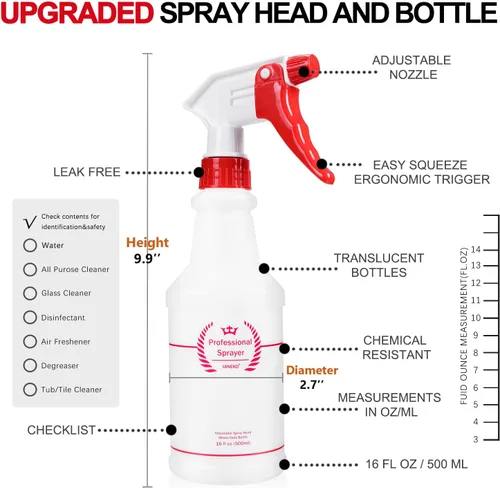 Miniatura 5 de Uineko - Botella de plástico resistente multiusos a prueba de fugas, con atomizador, boquilla y medidas ajustables, para líquidos de limpieza, regar