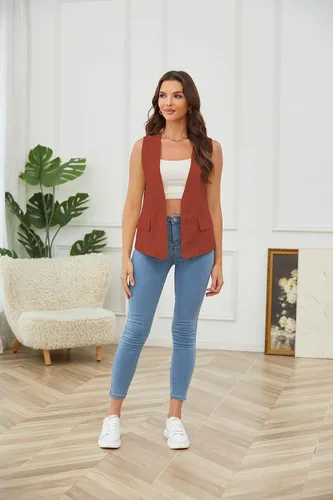 Miniatura 3 de YWS - Chalecos de moda para mujer, casual, sin mangas, con cuello en V, chaleco de lino y algodón