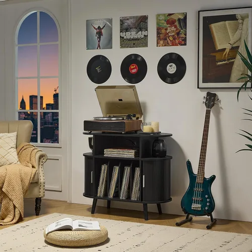 Miniatura 9 de LELELINKY - Soporte grande redondo para tocadiscos con estación de carga y estante de exhibición acanalado, gabinete para tocadiscos color negro