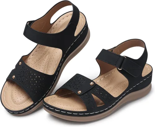Miniatura 6 de Sandalias planas de SHIBEVER para mujer elegantes: Sandalias planas cómodas para mujer con punta abierta, correa al tobillo, zapatos de caminar