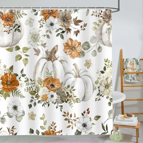 Miniatura 16 de Cortina de ducha de otoño, decoración de baño de árbol de calabaza, 72 x 72 pulgadas, tela de poliéster, cortina de baño impermeable con 12 ganchos