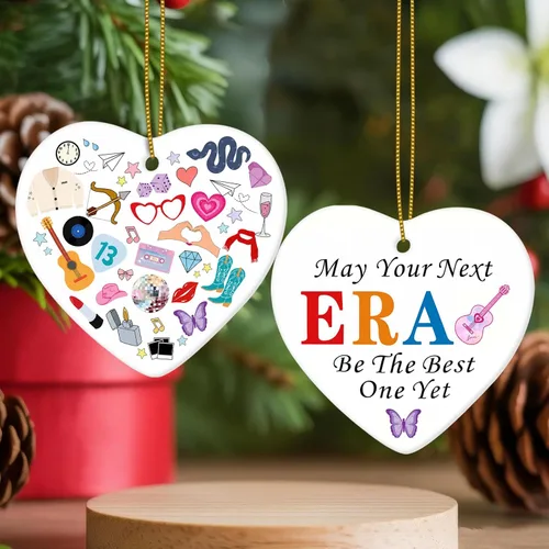 Miniatura 15 de 1 pieza Adorno de vaca de tierras altas de cerámica con 2 lados impresos 2025, Adorno de árbol de Navidad con forma de corazón, lindo recuerdo