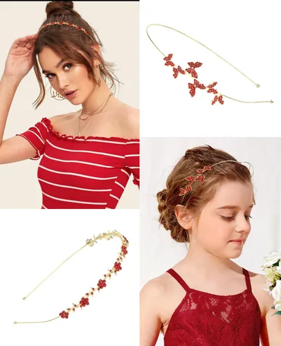 Miniatura 4 de Wecoe Paquete de 4 Diademas - Diadema de novia con diamantes de imitación rojos para niña, diadema de boda con cristales, diadema de hojas y Banda