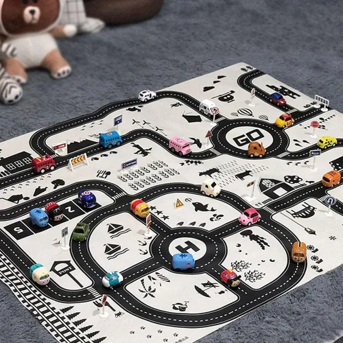 Miniatura 5 de Alfombra de juego para niños, tráfico, rutas de carretera, escena de la ciudad, mapa, modelo, coche, juguete, almohadilla de juego
