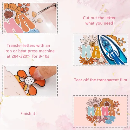 Miniatura 5 de Whaline 6 hojas de parches para planchar con texto en inglés "Mama Boho, para planchar con estampado de arcoíris, flores, leopardo, mamá", vinilo