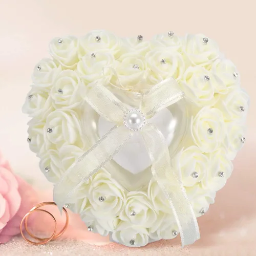 Miniatura 8 de GOTOTOP Almohada de boda, romántica de encaje de cristal rosa de boda en forma de corazón, cojín con cinta perla ceremonia de boda (blanco lechoso)