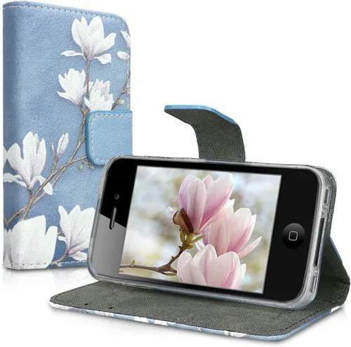Miniatura 5 de kwmobile Funda tipo cartera compatible con Apple iPhone 4 y 4S, magnolias gris topo, blanco, azul y gris