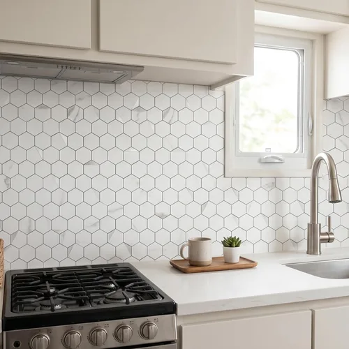 Miniatura 3 de 10 hojas de azulejos para despegar y pegar para salpicaduras de cocina, azulejo hexagonal de 31.5 x 29.3 cm, mármol blanco, mezcla de metal Mármol