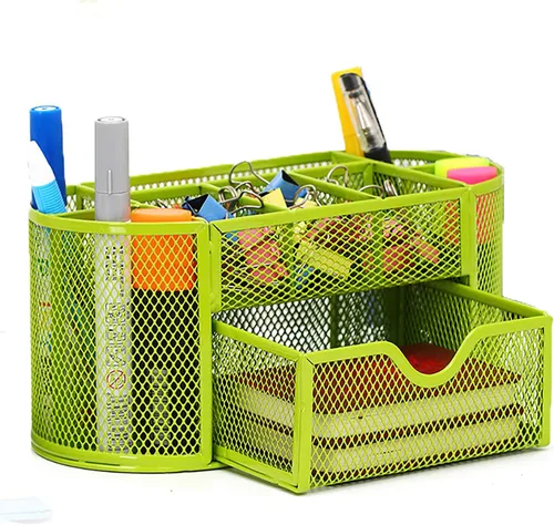 VANRA Organizador de suministros de escritorio de malla de metal, organizador de suministros de oficina, 8 compartimentos con cajón (verde)