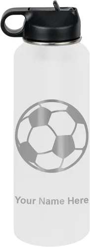 Miniatura 58 de LaserGram Botella de agua personalizada, pelota de fútbol, acero inoxidable de doble pared aislada al vacío con popote superior, regalo grabado
