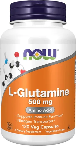 Now - Suplemento alimenticio de L-Glutamina, 500 mg, aminoácido, transporta nitrógeno, 120 cápsulas veganas, color blanco