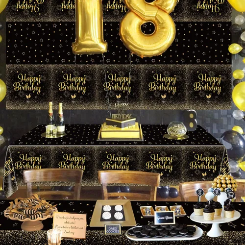Miniatura 6 de Paquete de 2 manteles de feliz cumpleaños color negro dorado, 51 x 87 pulgadas, desechables, de plástico, rectangulares, color negro y dorado