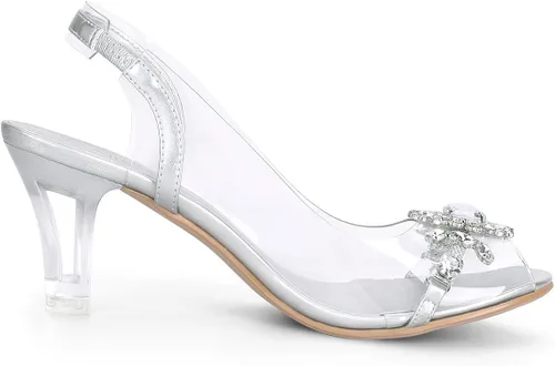 Miniatura 6 de Allegra K Sandalias de tacón con punta abierta y diamantes de imitación transparentes para mujer