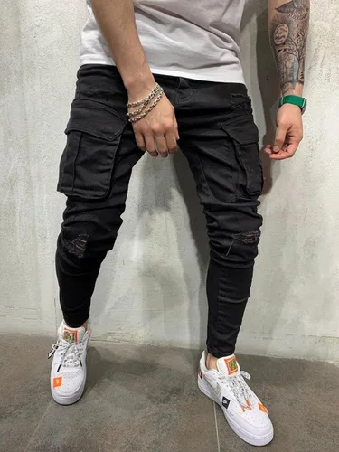 Miniatura 2 de LONGBIDA - Jeans para hombre, de tiro ajustado, con roto y desgastados
