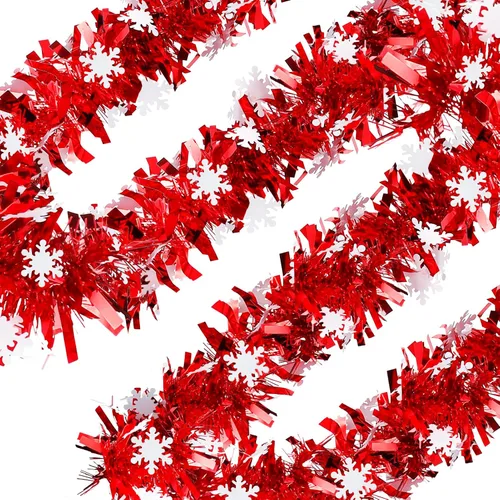 Miniatura 8 de Guirnalda de oropel de copo de nieve de Navidad - Guirnalda metálica gruesa verde de 33 pies para decoración de árbol de Navidad, decoraciones