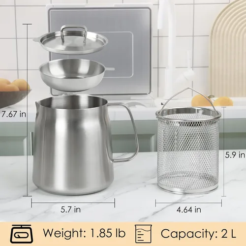 Miniatura 6 de Olla de filtro de aceite de acero inoxidable 304 de 68 onzas, contenedor de grasa de tocino resistente y canasta para freidora, recipiente de filtro