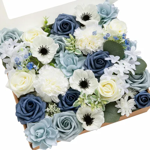 Miniatura 32 de Ling's moment Caja de Flores Falsas, Tallos de Vegetación Artificial Falsa Rosas de Espuma Dalias de Seda Hojas de Rosa Flor de Tela para Centros
