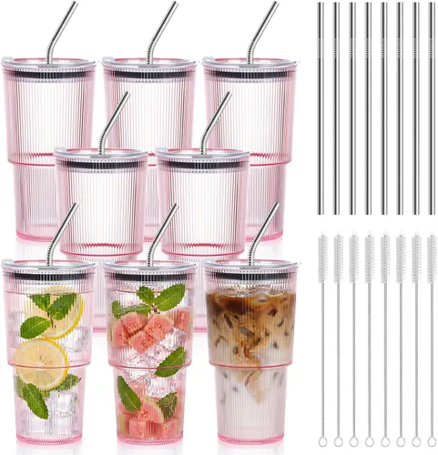 Miniatura 10 de 2 Pcs 20oz Plastic Ribbed Tumblers with Lid and Straws Blue Plastic Reusable Iced Coffee Cups with Lid Unbreakable Vintage Ribbed Drinking Glasses