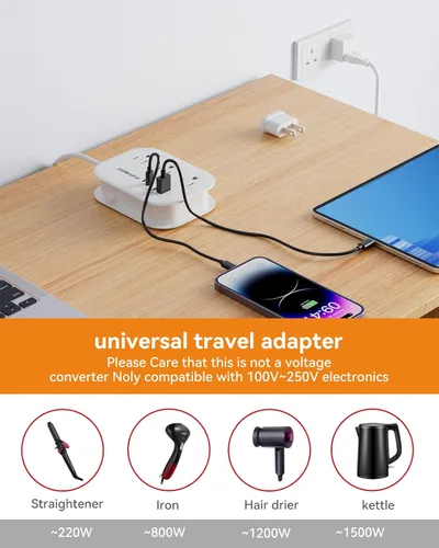 Miniatura 6 de Adaptador de enchufe europeo, regleta de alimentación de viaje UE/Reino Unido/EE. UU. con 3 salidas y 4 puertos USB (3.4A), adaptador de corriente