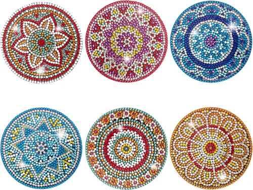 Temlum Juego de 6 posavasos de pintura de diamante, posavasos de mandala para principiantes, kit de pintura de diamantes pequeños para adultos,
