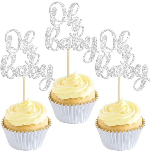 Miniatura 10 de Gyufise 36 piezas de decoraciones para cupcakes Oh Baby, arcoíris rosa y azul con purpurina, para baby shower, revelación de género, cupcakes para B
