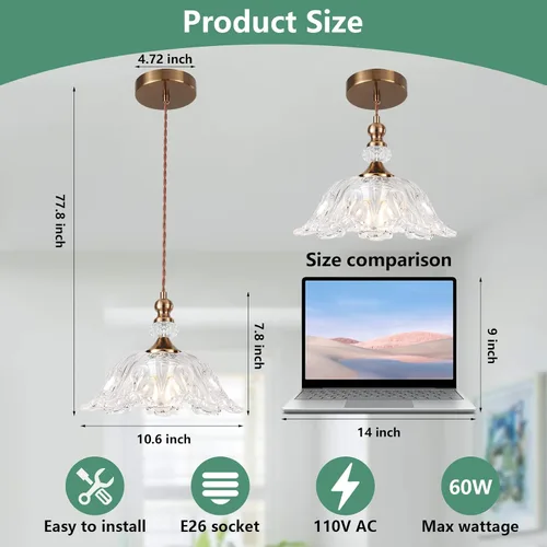 Miniatura 3 de Lámparas colgantes de cristal pequeñas vintage para isla de cocina de 10.6 pulgadas, lámpara de techo colgante ajustable de latón dorado