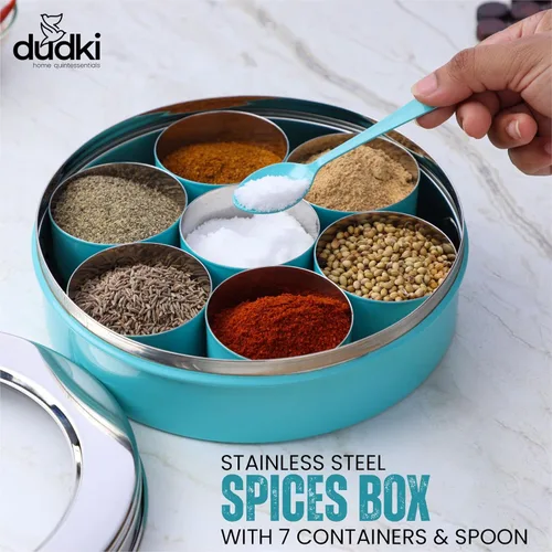 Miniatura 5 de DUDKI Homes - Caja Masala de acero inoxidable, caja de especias, Masala Dabba con organizador de cocina con tapa transparente con 7 recipientes