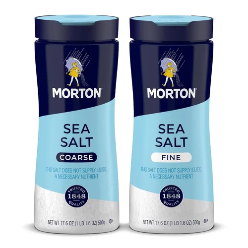 Morton Juego de sal marina, fina (17.6 onzas) y gruesa (17.6 onzas), paquete de 2, totalmente natural, perfecto para hornear, mezclar, cocinar y
