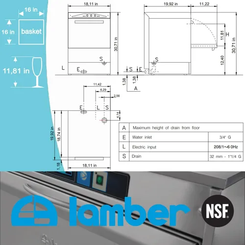 Miniatura 4 de Eurodib DSP3 Lamber - Lavadora de vidrio comercial para colocar debajo del mostrador de alta temperatura, 30 estanterías/hora, acero inoxidable