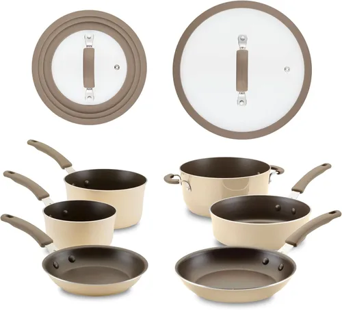 Miniatura 11 de Rachael Ray Cook + Create - Juego de ollas y sartenes antiadherentes, incluye bandeja para hornear y utensilios de cocina, 10 piezas - color almendra