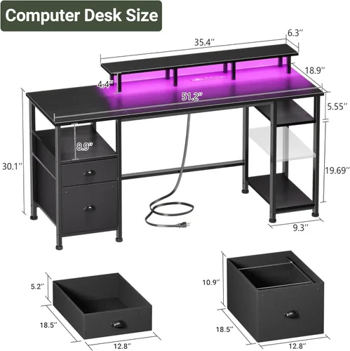 Miniatura 2 de Furologee Escritorio para juegos de 51 pulgadas con tomas de corriente y luces LED, escritorio reversible para computadora con archivador y soporte