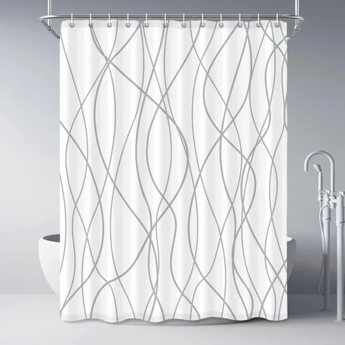 Miniatura 44 de Juego de cortinas de ducha azul egeo para baño con ganchos, cortinas de baño decorativas repelentes al agua y lavables con rayas blancas, 72 x 72