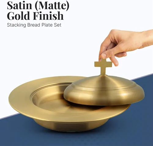 Miniatura 6 de Communion Ware - Bandeja para servir vino santo con tapa y un plato de pan apilable con tapa, acero inoxidable (latón/dorado)