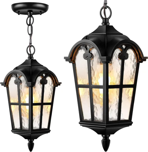 Miniatura 10 de VIANIS Lámpara colgante exterior negra con adornos dorados, luces colgantes exteriores con vidrio ondulado, candelabro exterior de aluminio