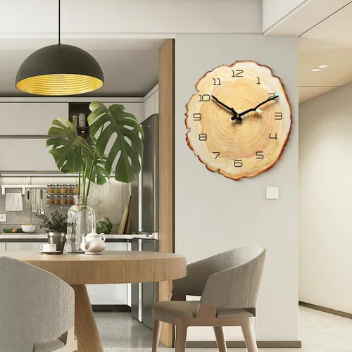 Miniatura 6 de Reloj de pared anual de 12 pulgadas, reloj de tocón de grano de madera con números arábigos, funciona con pilas, movimiento de cuarzo silencioso