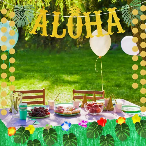 Miniatura 5 de 22 piezas de falda de mesa de hierba hawaiana Aloha decoración de fiesta que incluye pancarta de Aloha brillante hojas verdes tropicales y falda
