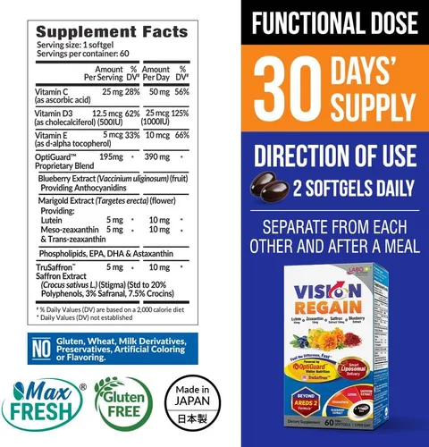 Miniatura 2 de LABO Nutrition VisionREGAIN - Suplemento liposomal para ojos con 10 mg de luteína, 10 mg de zeaxantina y extracto de azafrán, fórmula sin zinc