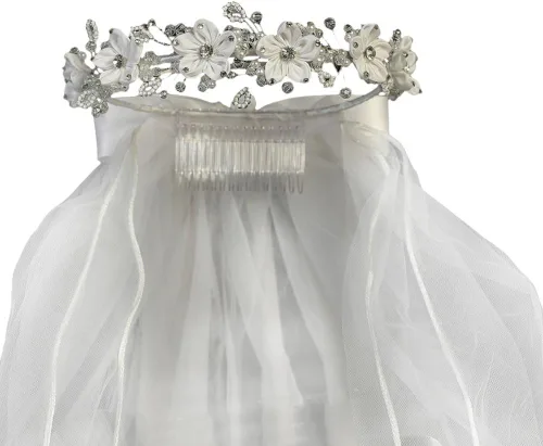 Tocado de diamantes de imitación brillantes con flores de satén blanco para niñas, velo de comunión de 24 pulgadas