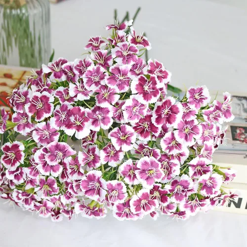Miniatura 4 de Htmeing 5 flores artificiales de seda de Dianthus con tallo para arreglos de boda, centro de mesa, fiesta, decoración del hogar y cocina (morado)