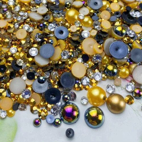 Miniatura 4 de Cuentas de resina mixta con diamantes de imitación y perlas semirredondas, 30 g, diamantes de imitación de parte trasera con perlas medias