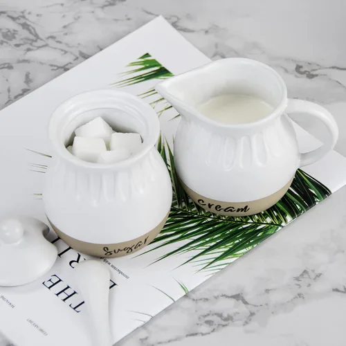 Miniatura 3 de Juego de azúcar y crema, jarra de crema de cerámica, azucarero con tapa y cuchara, moderno juego de recipientes para servir café de granja, blanco