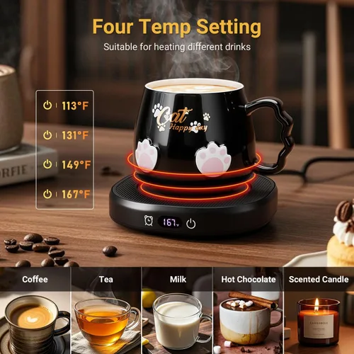 Miniatura 2 de Calentador de tazas de café y lindo juego de tazas de gato, calentador de tazas de bebidas para escritorio, oficina en casa con 4 ajustes