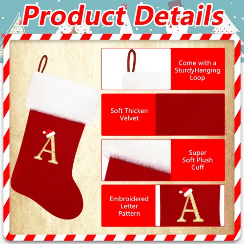 Miniatura 3 de Calcetines de Navidad bordados de 20 pulgadas con monograma, terciopelo negro con puño de felpa blanca supersuave, adornos clásicos para decoración